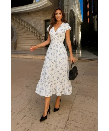 Kadın Kısa Kollu Kruvaze Yakalı Beli Lastikli çiçek Desenli Elbise