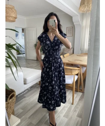 Kadın Kısa Kollu Kruvaze Yakalı Beli Lastikli çiçek Desenli Elbise