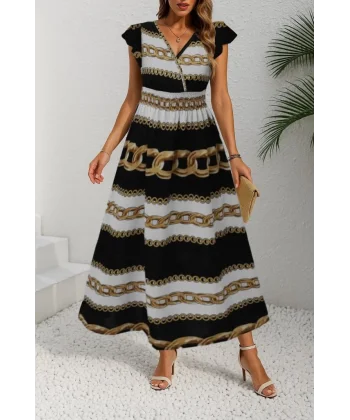 Kadın Kısa Kollu Kruvaze Yakalı Beli Lastikli Desenli Maksi Boy örme Krep Elbise