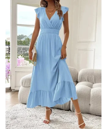 Kadın Kısa Kollu Kruvaze Yakalı Beli Lastikli Müslim Elbise