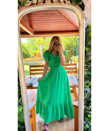 Kadın Kısa Kollu Kruvaze Yakalı Beli Lastikli Müslim Elbise