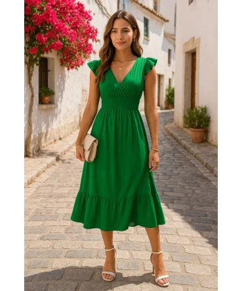 Kadın Kısa Kollu Kruvaze Yakalı Beli Lastikli Müslim Elbise