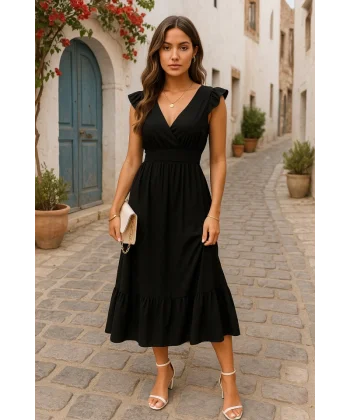 Kadın Kısa Kollu Kruvaze Yakalı Beli Lastikli Müslim Elbise