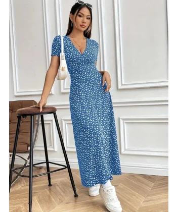 Kadın Kısa Kollu Kruvaze Yakalı çiçek Desenli Süprem Elbise