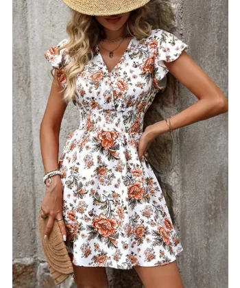 Kadın Kısa Kollu Kruvaze Yakalı çiçek Desenli Süprem Elbise