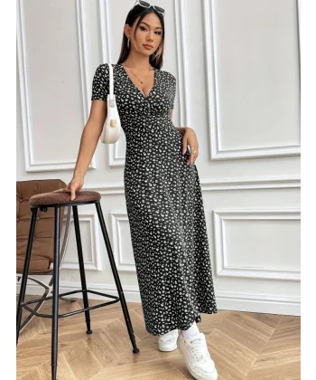 Kadın Kısa Kollu Kruvaze Yakalı çiçek Desenli Süprem Elbise