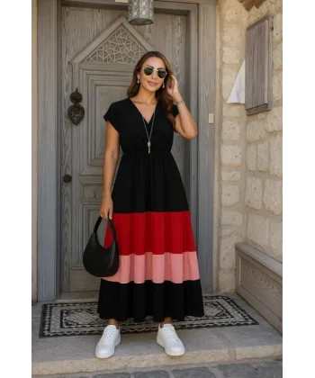 Kadın Kısa Kollu Kruvaze Yakalı çok Renkli Aerobin Elbise