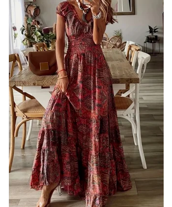 Kadın Kısa Kollu Kruvaze Yakalı Desenli Maksi Boy Süprem Elbise