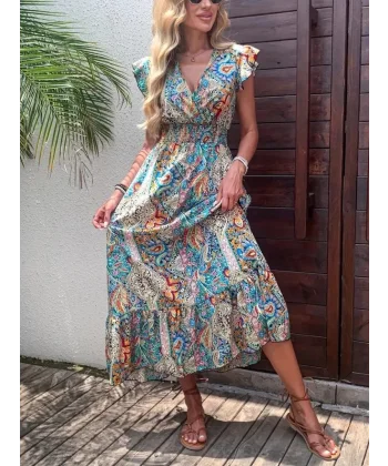 Kadın Kısa Kollu Kruvaze Yakalı Desenli Maxi Elbise