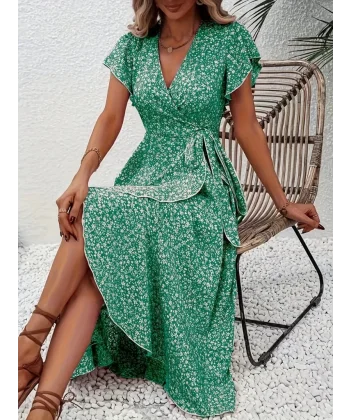 Kadın Kısa Kollu Kruvaze Yakalı Desenli Süprem Elbise