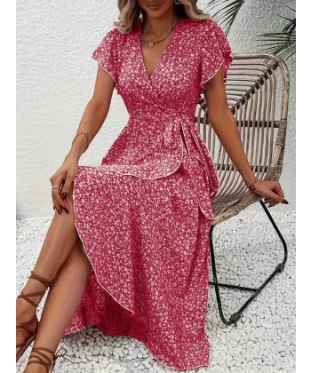 Kadın Kısa Kollu Kruvaze Yakalı Desenli Süprem Elbise