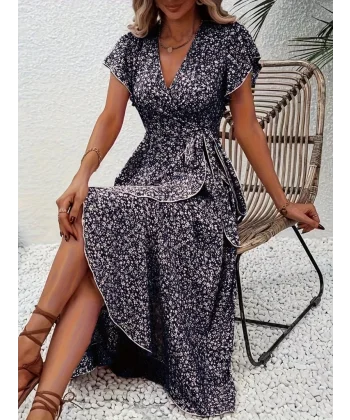 Kadın Kısa Kollu Kruvaze Yakalı Desenli Süprem Elbise