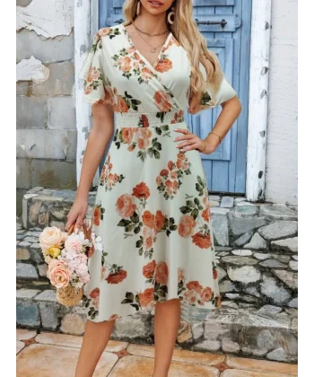 Kadın Kısa Kollu Kruvaze Yakalı Desenli Süprem Kısa Elbise