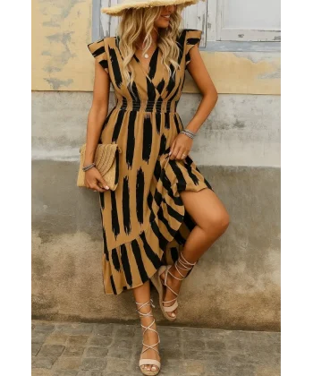 Kadın Kısa Kollu Kruvaze Yakalı Fırfırlı Süprem Elbise