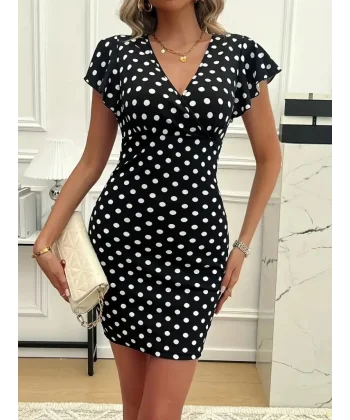 Kadın Kısa Kollu Kruvaze Yakalı örme Puantiyeli Krep Elbise