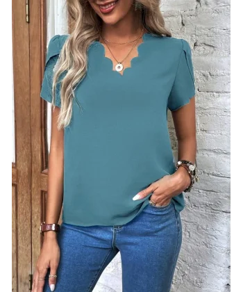 Kadın Kısa Kollu Lazer V Yakalı Ithal Krep Bluz