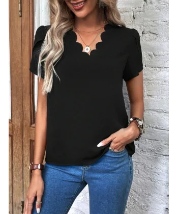 Kadın Kısa Kollu Lazer V Yakalı Ithal Krep Bluz