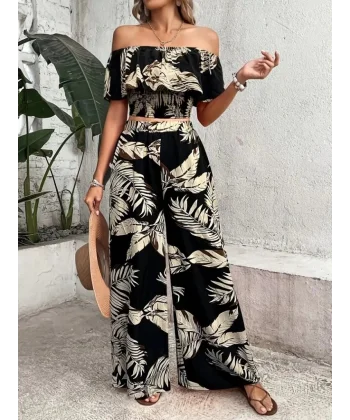 Kadın Kısa Kollu Madonna Fırfır Yaka Crop Süprem Bluz Ve Pantolon Ikili Takım