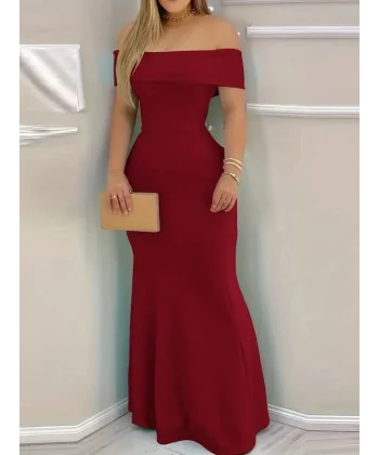 Kadın Kısa Kollu Madonna Yaka Belden Oturtmalı Uzun Ithal Krep Elbise