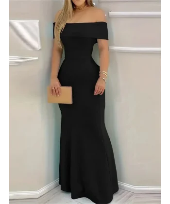 Kadın Kısa Kollu Madonna Yaka Belden Oturtmalı Uzun Ithal Krep Elbise