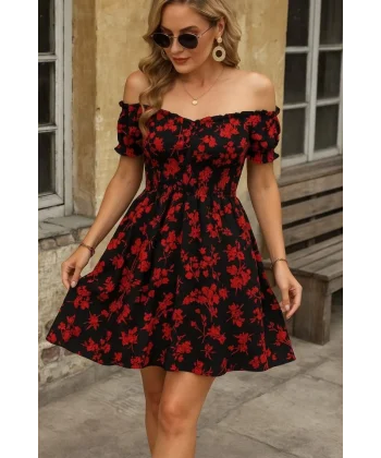 Kadın Kısa Kollu Madonna Yaka Beli Lastikli çiçek Desenli Kısa Süprem Elbise