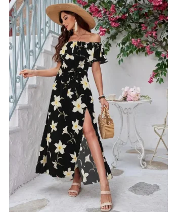 Kadın Kısa Kollu Madonna Yaka Fırfırlı Belden Yırtmaçlı Maksi örme Krep Elbise