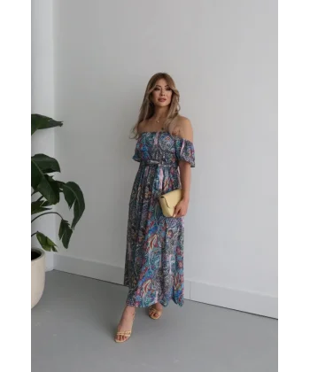 Kadın Kısa Kollu Madonna Yaka Fırfırlı Belden Yırtmaçlı Maksi Süprem Elbise