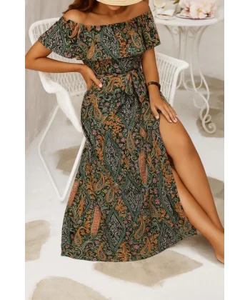 Kadın Kısa Kollu Madonna Yaka Fırfırlı Belden Yırtmaçlı Maksi Süprem Elbise