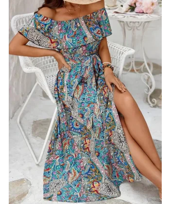 Kadın Kısa Kollu Madonna Yaka Fırfırlı Belden Yırtmaçlı Maksi Süprem Elbise