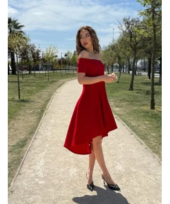 Kadın Kısa Kollu Madonna Yaka önü Kısa Arkası Uzun Ithal Krep Elbise