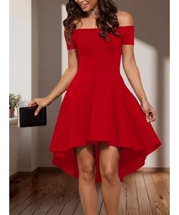 Kadın Kısa Kollu Madonna Yaka önü Kısa Arkası Uzun Ithal Krep Elbise