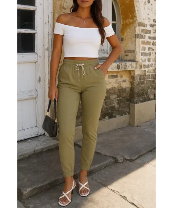 Kadın Kısa Kollu Madonna Yaka Viskon Crop Bluz Cepli Iki Iplik Eşofman Takım