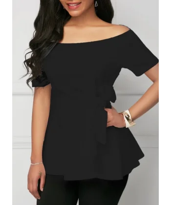 Kadın Kısa Kollu Madonna Yaka Yandan Bağlamalı Ithal Krep Bluz