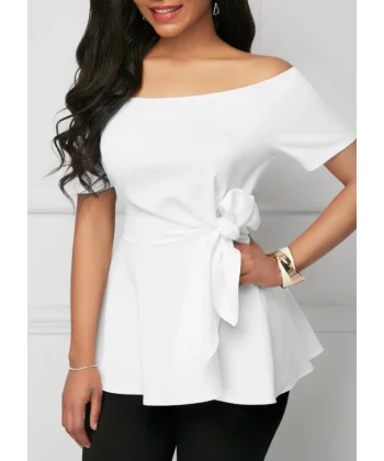 Kadın Kısa Kollu Madonna Yaka Yandan Bağlamalı Ithal Krep Bluz