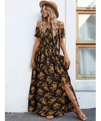 Kadın Kısa Kollu Madonna Yaka Yırtmaçlı çiçek Desenli Süprem Elbise