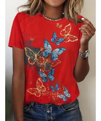 Kadın Kısa Kollu Mavi Sarı Kelebek Baskı Süprem Bluz