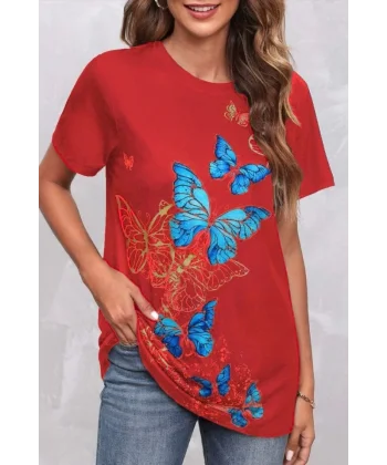 Kadın Kısa Kollu Mavi Sarı Kelebek Baskı Süprem T-shirt