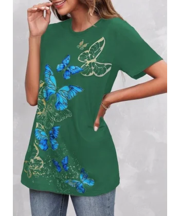 Kadın Kısa Kollu Mavi Sarı Kelebek Baskı Süprem T-shirt