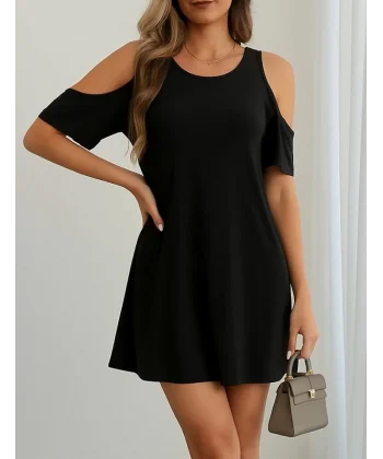 Kadın Kısa Kollu Omuz Pencere Detay Kiloş Viskon Elbise