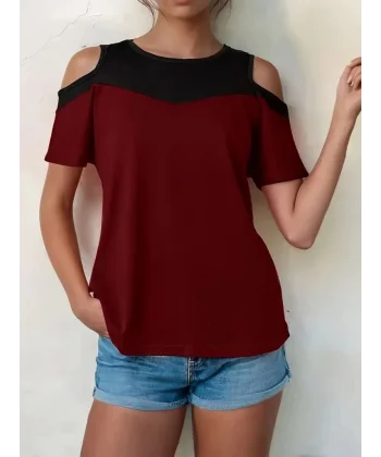 Kadın Kısa Kollu Omuzlardan Açık Detaylı çift Renkli Viskon Bluz
