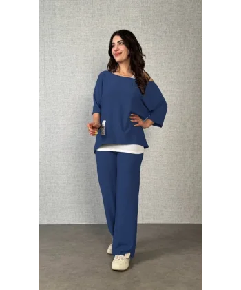 Kadın Kısa Kollu Omuzlardan Açık Yarasa Kollu Bürümcük Bluz Ve Pantolon Ve Viskon Atlet