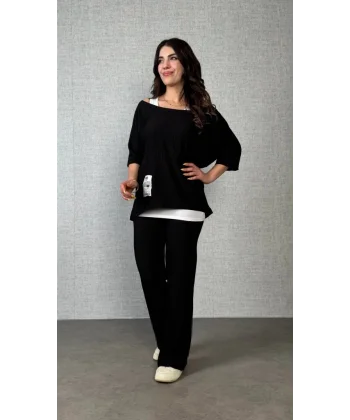 Kadın Kısa Kollu Omuzlardan Açık Yarasa Kollu Bürümcük Bluz Ve Pantolon Ve Viskon Atlet