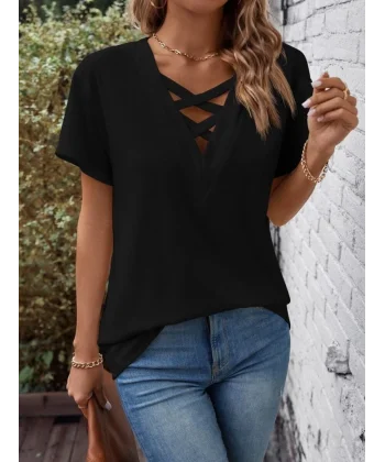Kadın Kısa Kollu önden çapraz Detay V Yakalı Viskon Bluz