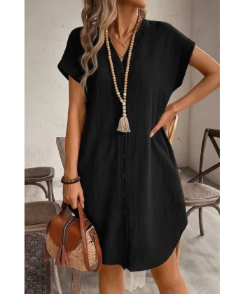 Kadın Kısa Kollu önden Düğmeli Ithal Keten Elbise