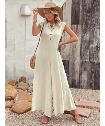 Kadın Kısa Kollu önden Düğmeli Paçaya Doğru Geniş Cepli Uzun Bürümcük Tulum