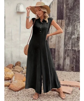 Kadın Kısa Kollu önden Düğmeli Paçaya Doğru Geniş Cepli Uzun Bürümcük Tulum