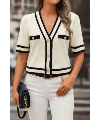 Kadın Kısa Kollu önden Düğmeli Triko Bluz