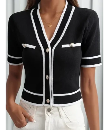 Kadın Kısa Kollu önden Düğmeli Triko Bluz
