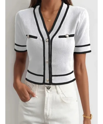 Kadın Kısa Kollu önden Düğmeli Triko Bluz
