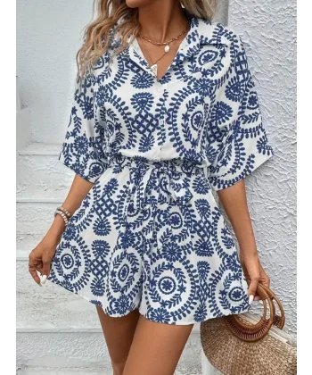 Kadın Kısa Kollu önü Düğmeli Etnik Desen Sofia Kumaş şort Tulum